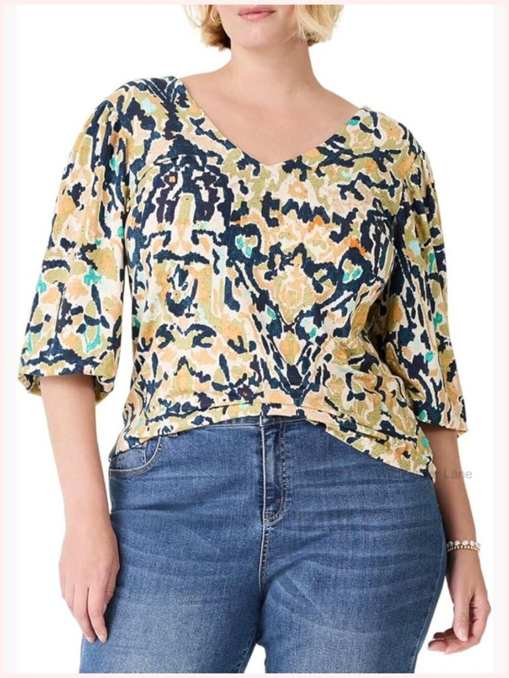 V-Neck Elbow Sleeve Puff Sleeve Tunic Top
